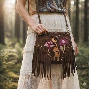 Current Mood Womens Mushroom Fringe Bucket Bag Brown Suede Boho Fairycore Indie